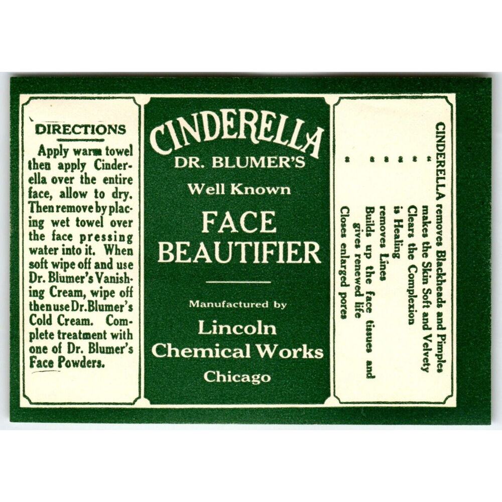 Cinderella Dr Blumer's Face Beautifier Product Label 1940's Original Chicago IL